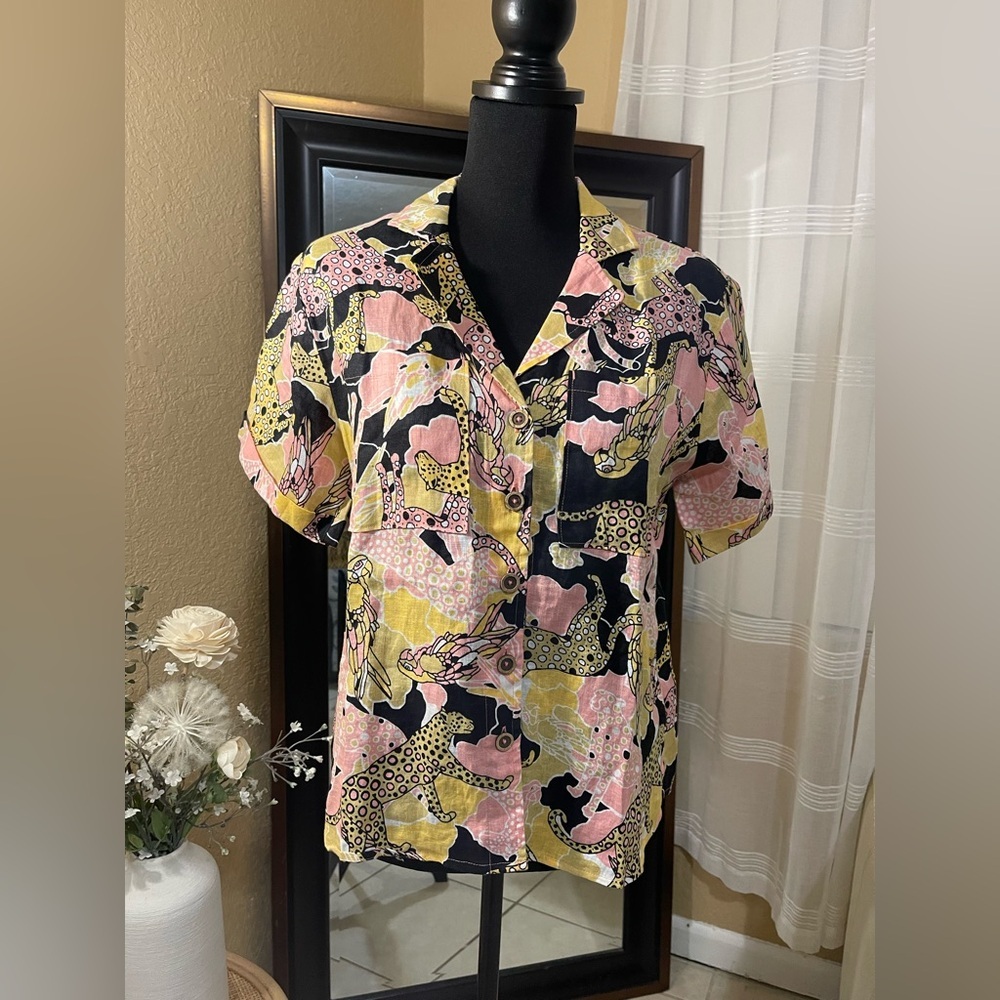 •	Maeve Anthropologie Colorful Abstract Blouse XS Short Sleeve 100% - Picture 2 of 14
